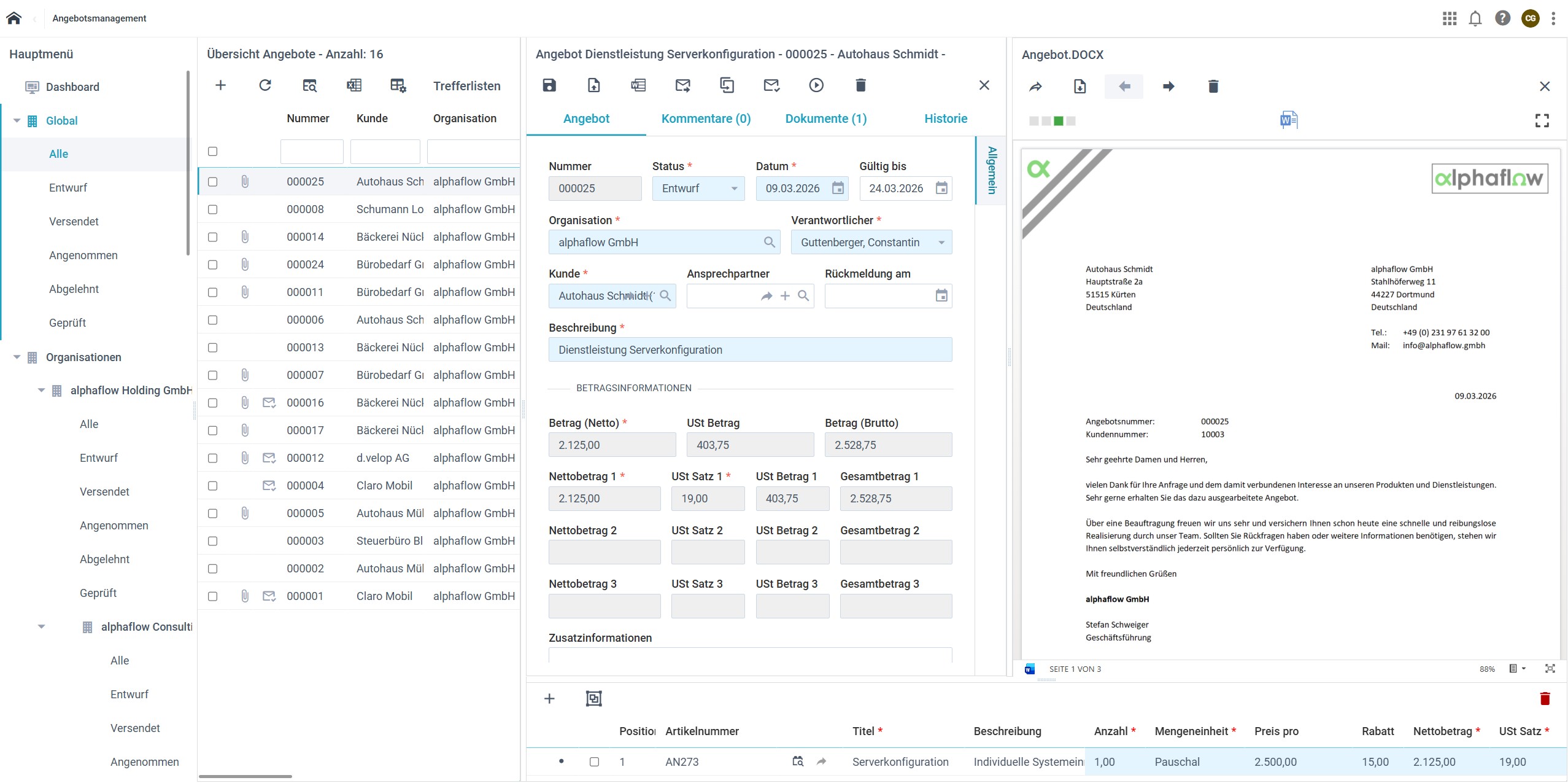 Angebot und Dokumentenvorschau