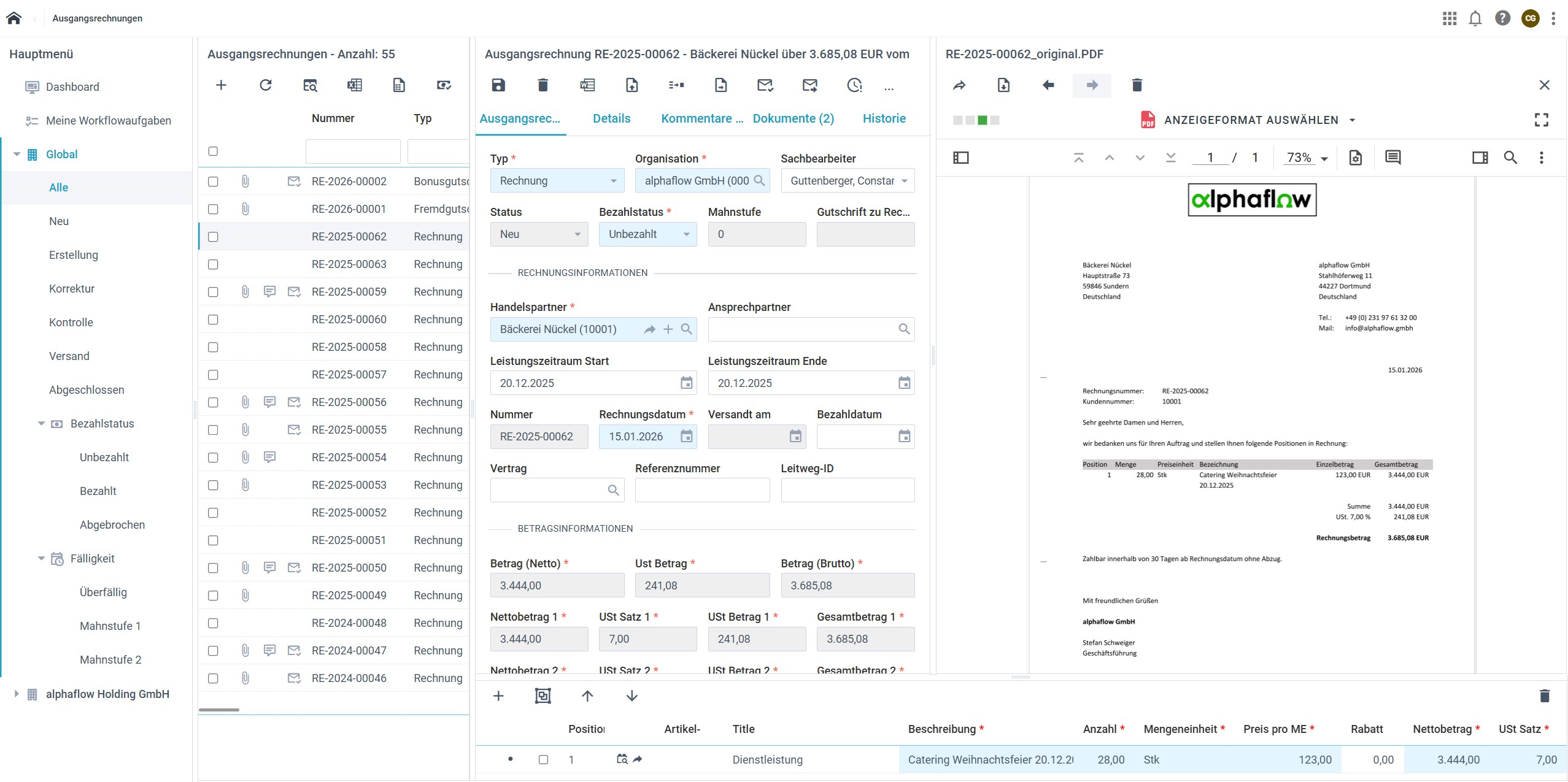 Ausgangsrechnung und erstelltes Dokument