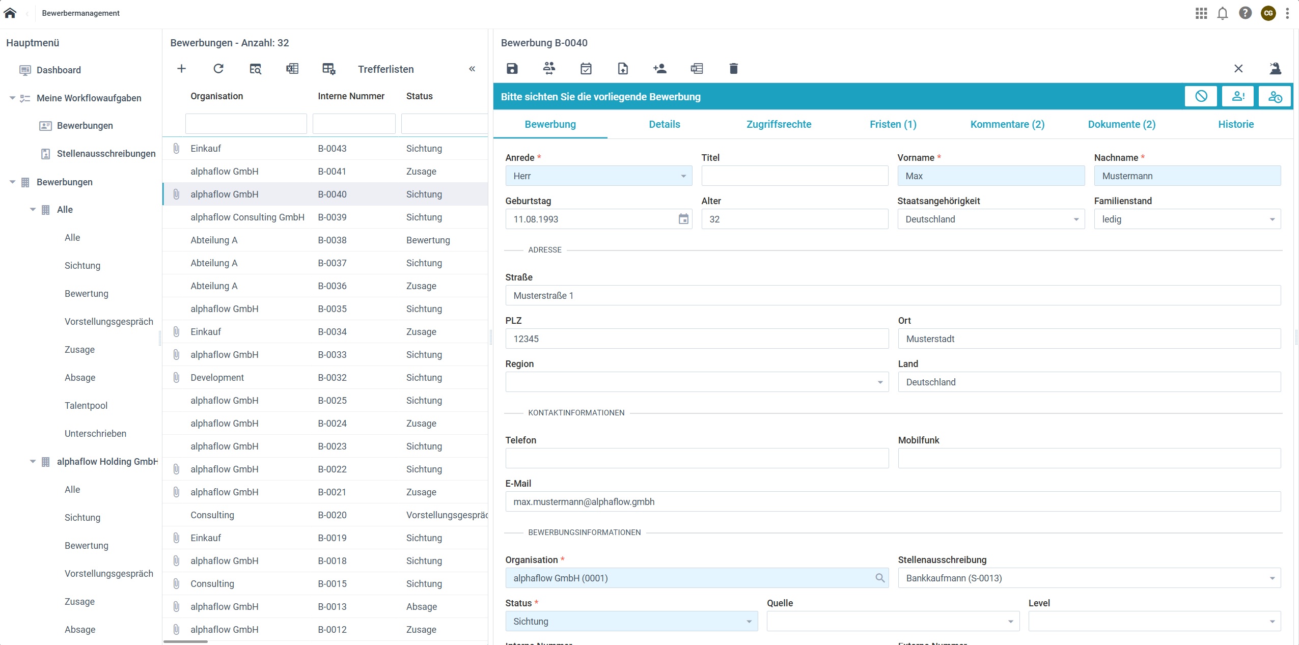 Trefferliste und Bewerberakte
