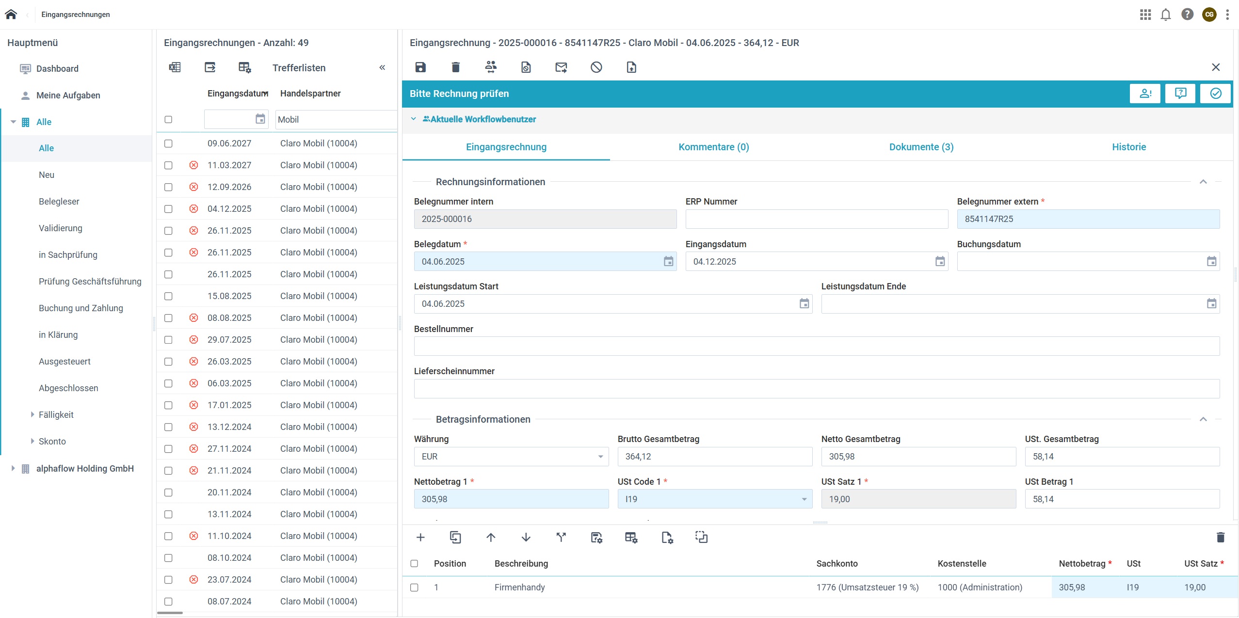 Trefferliste und Eingangsrechnung