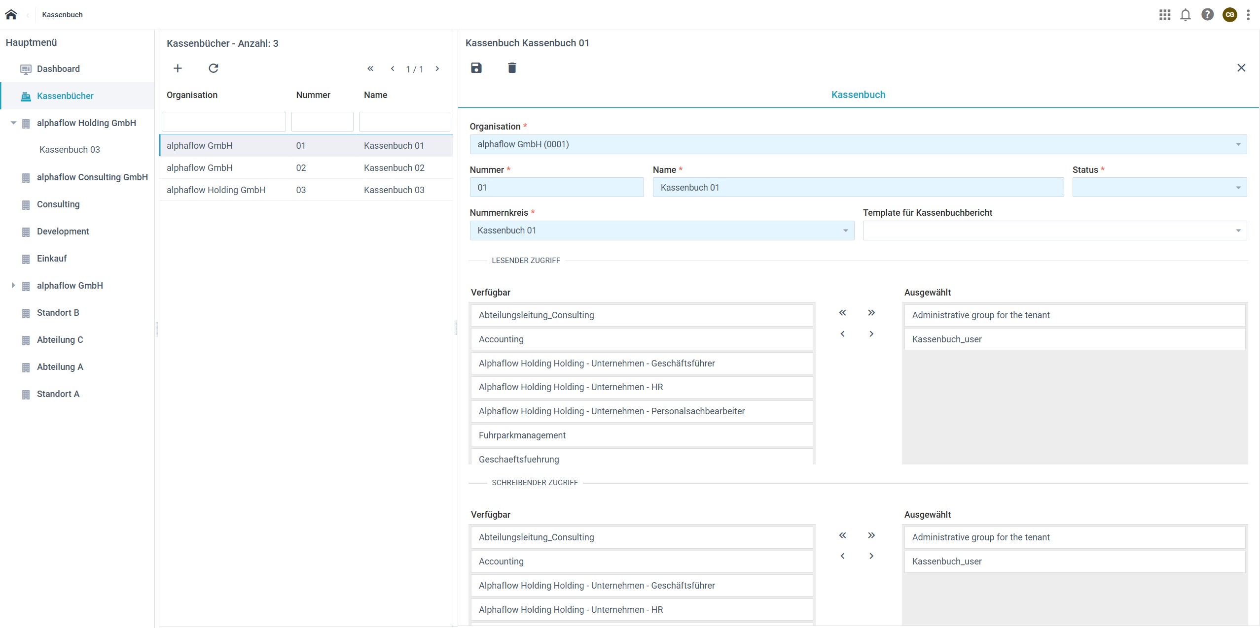 Anlage mehrerer Kassenbücher mit individuellen Zugriffsrechten