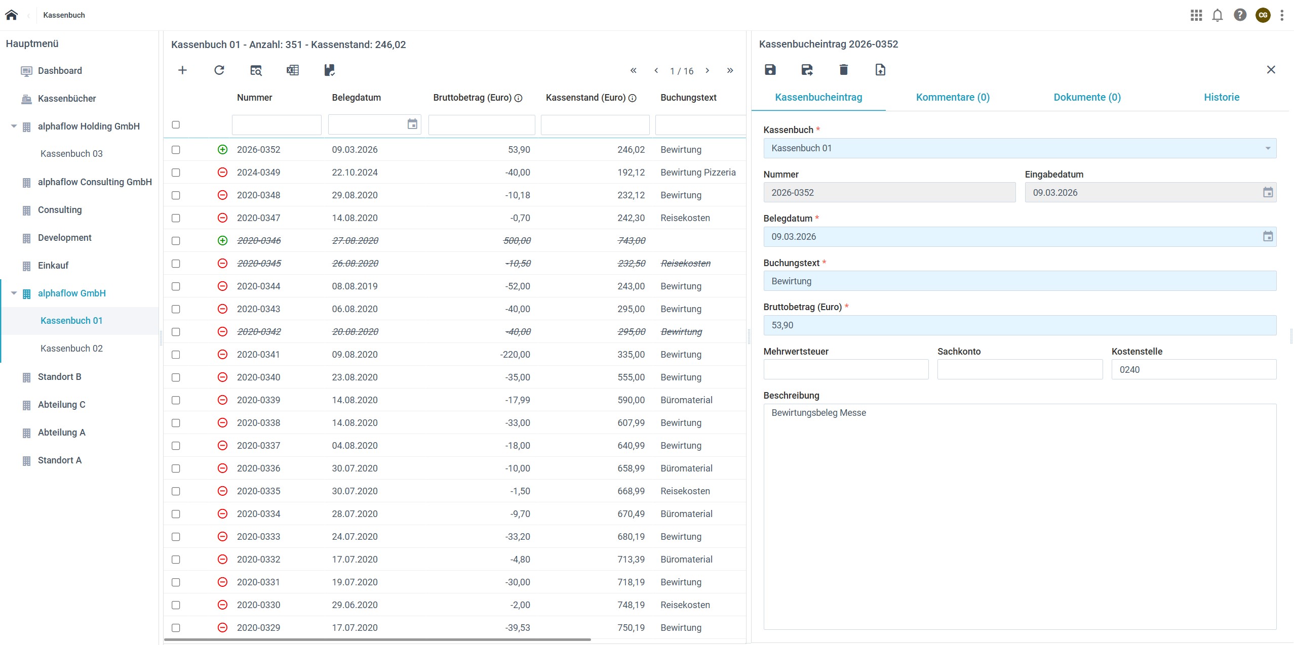 Trefferliste und Kassenbucheintrag