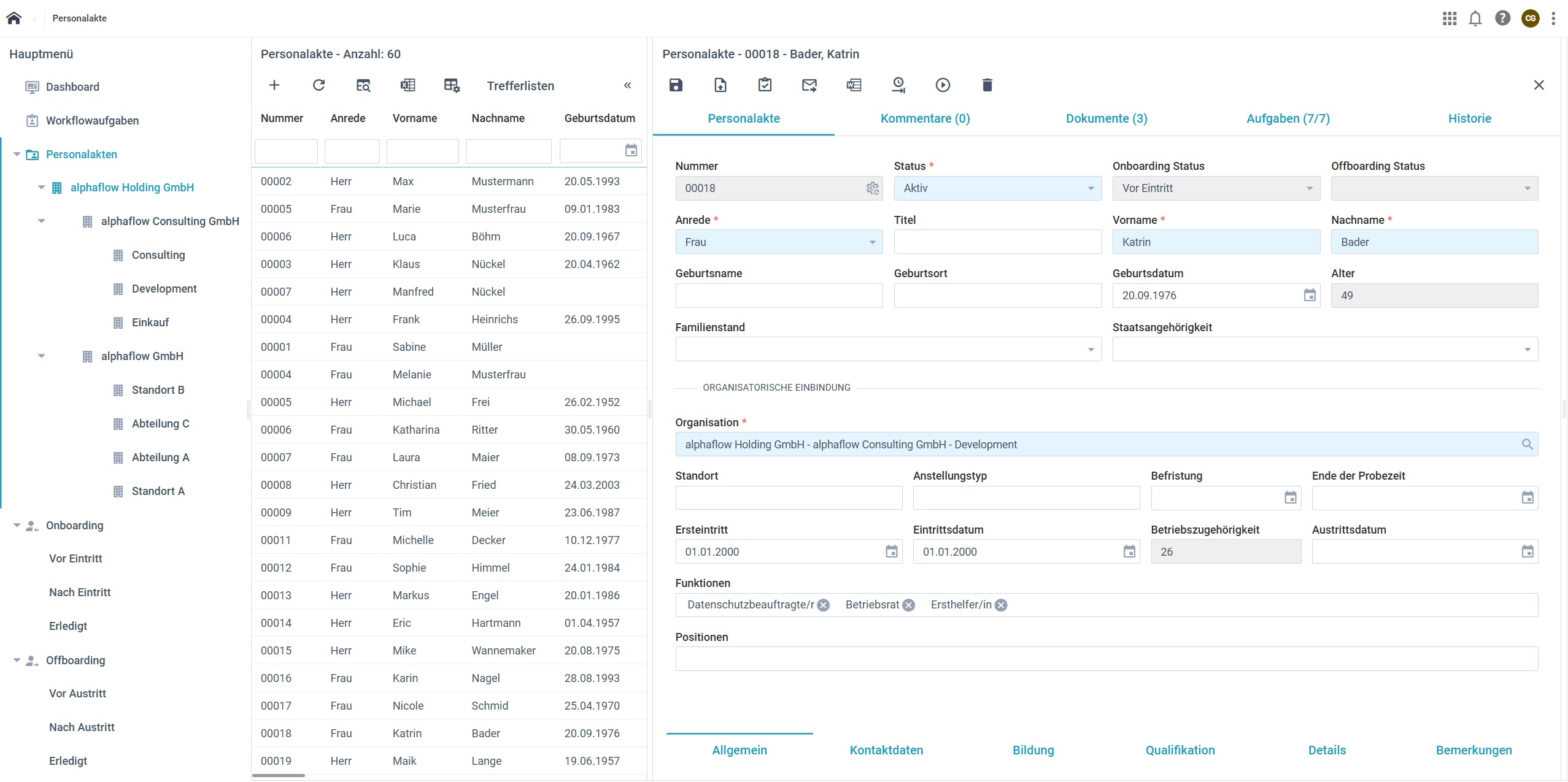 Trefferliste und Personalakte