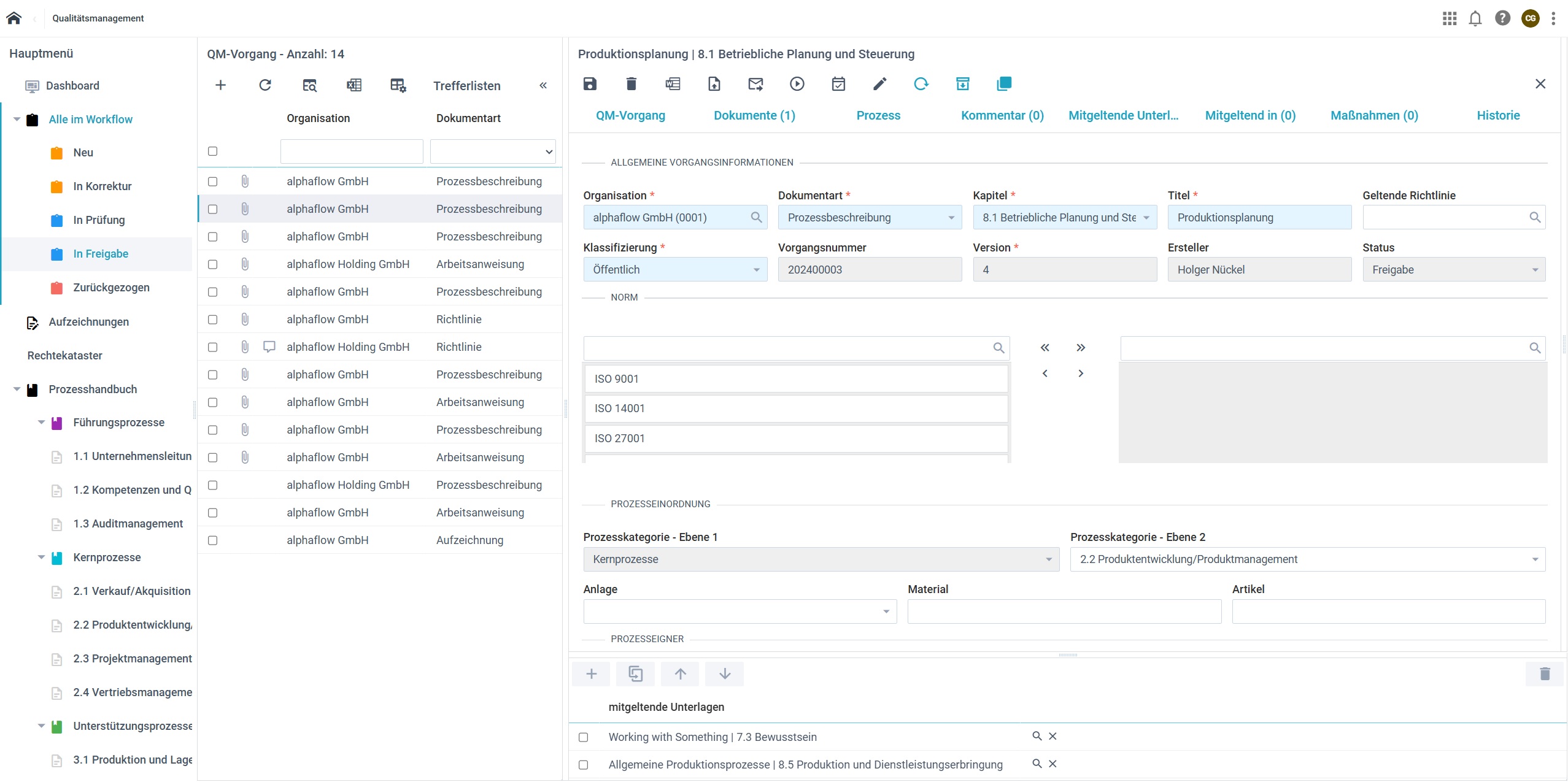 Trefferliste und Eingabemaske