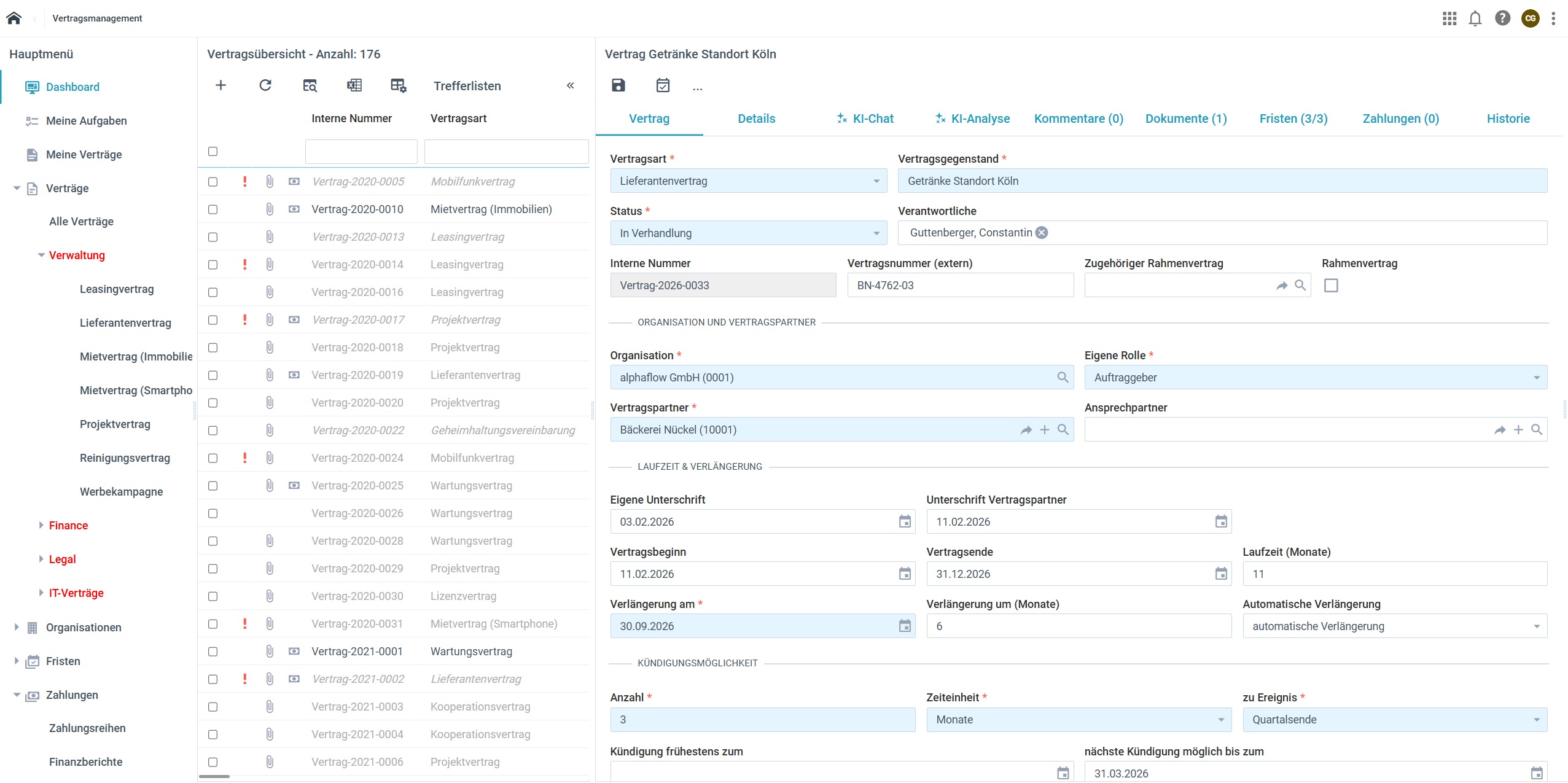 Trefferliste und Vertrag